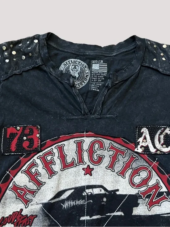 Affliction Black Tee with Silver Winged Skull Graphic - Picture 3 of 8